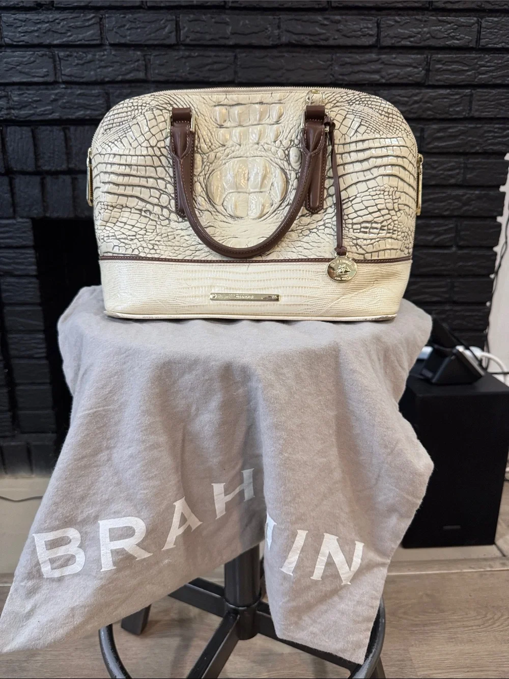 Brahmin Cream Croc-Embossed Satchel with Brown Trim
